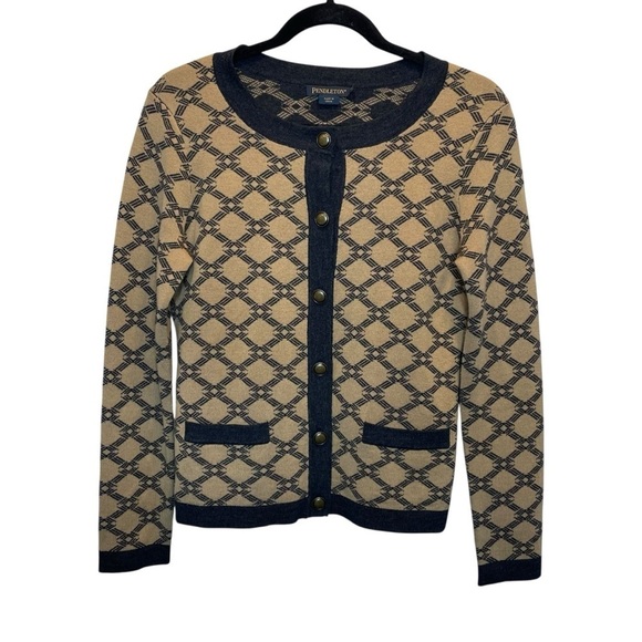 Pendleton Sweaters - Pendleton Button Front Cardigan Sweater Brown Grey/Black Merino Wool Medium